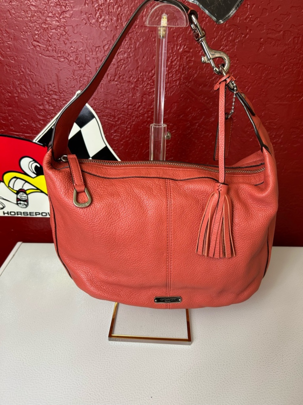 Coach Pebbled Leather Hobo Shoulder Bag in Coral